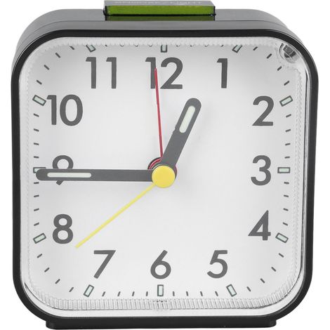 Petit réveil noir silencieux au design minimaliste avec fonction snooze et rétroéclairage, idéal pour la chambre ou le salon. (1/5)