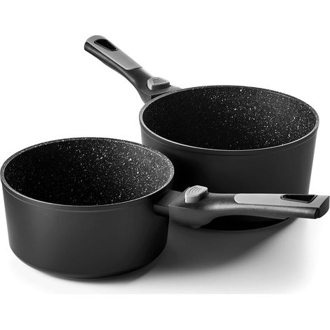 Lot de 2 Casseroles Ø18, 20 cm - Gamme Pierra - Aluminium Forgé - Revêtement Antiadhésif façon pierre - 2 Manches Amovibles - Tous Feux dont Induction et Lave-Vaisselle (1/5)