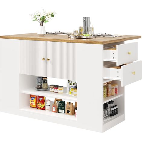 Isla de Cocina con 2 Puertas, Cajones, Estantes Ajustables y Tablero Plegable, MDF y Metal, 140x40x90 cm, Blanco (1/5)