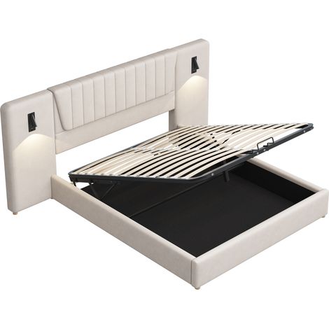 Lit rembourré 180x200 cm beige avec haute tête de lit, liseuses USB et rangement hydraulique (1/5)