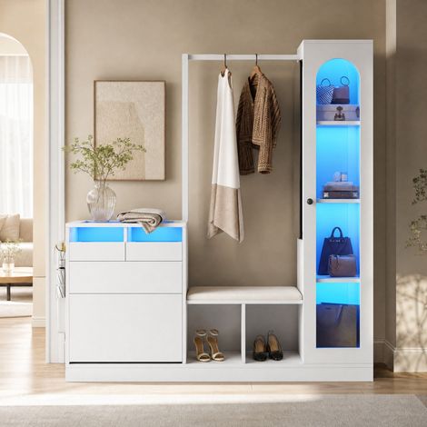 DESMIU Ensemble de meubles d'entrée avec coiffeuse, vitrine, banc à chaussures, meuble à chaussures LED en panneaux de particules blanc (1/5)