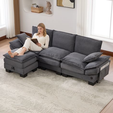 Canapé modulaire 3 places avec 1 tabouret en velours côtelé,siège large,mousse haute densité,port USB-C et poches latérales,gris foncé. (1/5)
