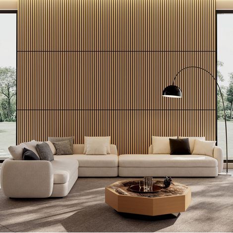 Pannelli acustici da parete a doghe, set 4 pezzi 115x60 cm in MDF e poliestere, rovere bianco (1/5)