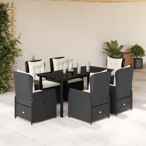 Ensemble 7 places de Jardin en Résine Tressée Noire avec Coussins Crème, Table Verre Trempé 160x80 cm (1/5)