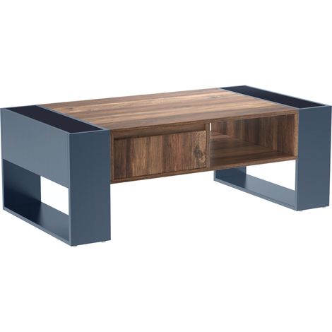 Table basse effet veinage bois, avec un tiroir sans poignée, un compartiment de rangement et un rangement arrière, avec des espaces de rangement des deux côtés. Table basse de salon, grand espace de r (1/5)