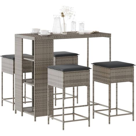 5-tlg. Gartenbar-Set mit Kissen Grau Poly Rattan