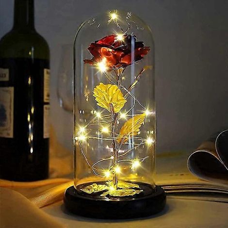 Rose en or 24 carats - Rose éternelle plaquée or dans une coupe en verre avec lampes dorées (1/5)