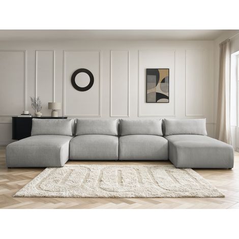 BOBOCHIC - Canapé panoramique fixe modulable avec têtières JANA tissu velours avec 2 méridiennes et 2 chauffeuses   Gris clair