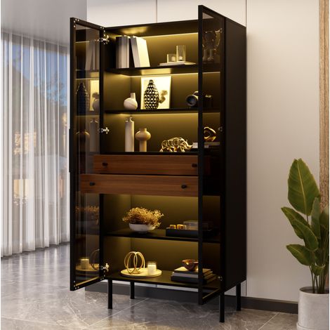 Vitrine mit Glastüren, LED-Beleuchtung per App steuerbar, 2 Schubladen, Innenregale, Standvitrine Wohnzimmer, Aufbewahrungsschrank mit Glasfront (1/5)