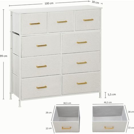 Commode 9 tiroirs en tissu, buffet avec plateau et poignées, rangement pratique pour salon ou chambre, blanc cassé (1/5)
