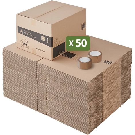 Pack and Move - Lot de 50 Cartons Déménagement à Hauteur Modulable - 50 x 40 x 20-30 cm - Poignées Renforcées - 2 Adhésifs Offerts