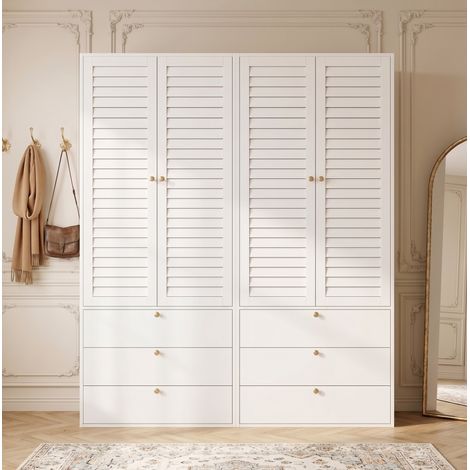 Armadio a 4 ante con 6 cassetti e 2 barre appendiabiti in truciolare bianco 180 x 50 x 200 cm OKWISH (1/5)