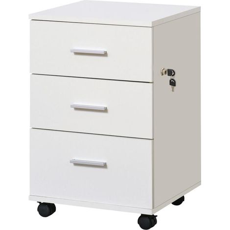 Caisson blanc 3 tiroirs avec serrure et roulettes pivotantes, compact 40x40x61,5 cm, pour espace travail organisé (1/5)