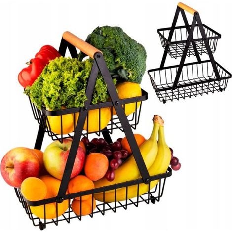 Panier Rectangulaire - Métal Noir à Deux Niveaux avec Poignée en Bois - Pour Fruits Légumes - 1 Pièce (1/5)