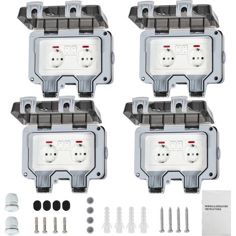 Wolketon 4X Außensteckdose Gartensteckdose Outdoor Steckdose IP66 16A Wasserdicht Staubdicht Wandsteckdose 2 Loch mit Schalter