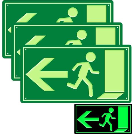 Lot de 3 panneaux de sortie de secours phosphorescents en aluminium avec flèche gauche, flèche de direction, 30 x 15 cm, pour panneau d'information, chemin de secours, sortie de secours, sortie de (1/5)