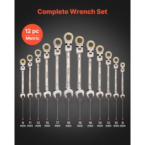 Jeu de Clés Mixtes 12PCs, Clé Plate à Cliquet Flexible Métrique de 8 à 19 mm, pour Réparation Domestique et Automobile, Extrémité F… (1/5)