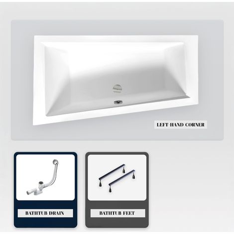 Asymmetrische Badewanne - 180 x 125 cm - Links - ohne Verkleidung - mit Füßen - Ablaufgarnitur Chrom - INTIMA DUO SLIM