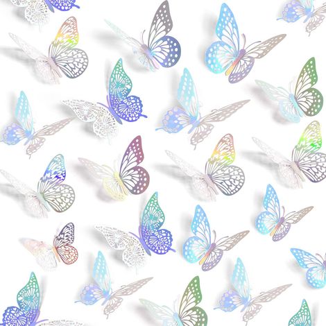Décoration murale papillons 3D, 48 pièces, 4 styles, 3 tailles, autocollant mural amovible (laser) pour décoration d'anniversaire papillon (1/5)