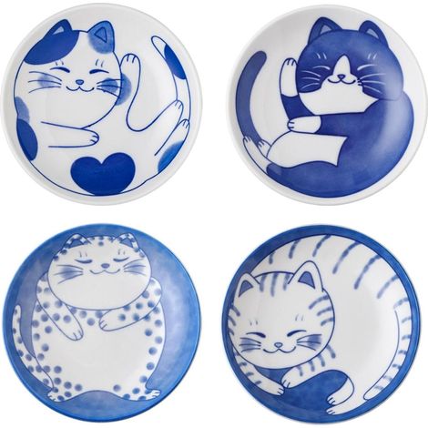 Ensemble de 4 assiettes en céramique Kawaii Chat - Petites assiettes de style japonais bleues et blanches, jolis motifs de chats pour sushis, desserts et amuse-gueules, vaisselle adorable pour les rep (1/5)