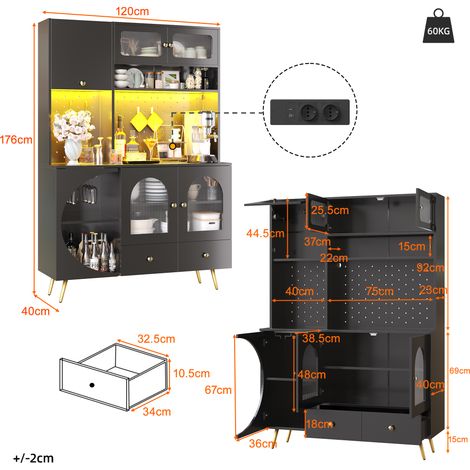 Meuble buffet moderne avec éclairage LED, armoire haute de cuisine avec ports USB et prises, meuble de rangement pour salon et cuisine, placard avec panneau perforé, tiroir et étagères en verre, noir (1/5)