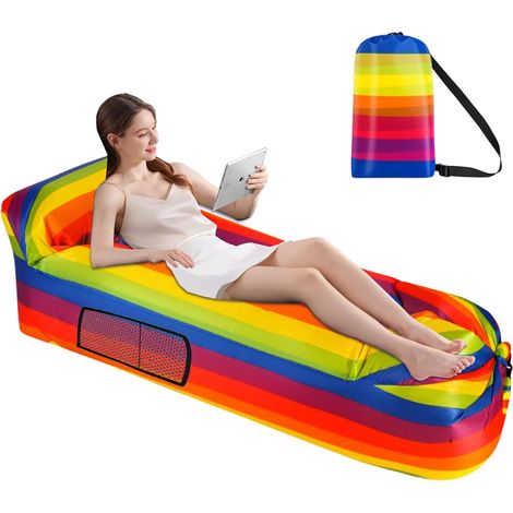 1 Canapé Gonflable, 200x70cm, Polyester, Arc-en-Ciel, Camping Plage