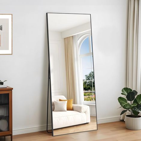 Grand miroir mural rectangulaire sur pied, 179 x 65 cm, avec cadre en aluminium noir, à suspendre, debout, inclinable, pour salon, chambre à coucher et couloirs (1/5)