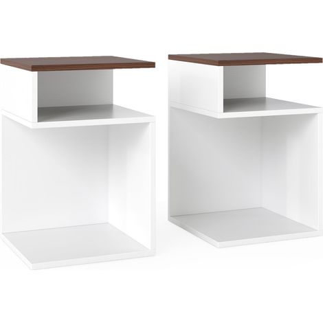COSTWAY Tavolino Laterale da Salotto a Forma di S per Piccoli Spazi, Tavolino per Divano con 2 Scomparti Aperti, Comodino Moderno per Soggiorno, Camera da Letto e Studio, Bianco (2,Noce e Bianco) (1/5)