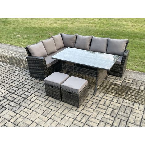 Fimous – 8 seater garden rattan corner dining set – Durable galvanized steel frame – 140L x 80W cm table with tempered glass – 2 small footstools (1/5)