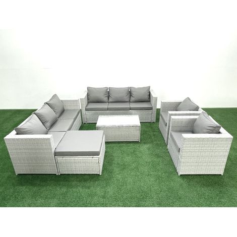 Fimous Outdoor Rattan Sofa Garden Furniture Set with 2 Armchairs Oblong Coffee Table Big Footstool Light Grey Mixed (1/5)