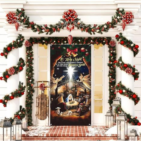 Bannière de Noël Déco, 180x90cm Suspendue Bannière Noël, Décoration de Porte Christmas, Couverture de Porte de Christmas, Décoration de Vacances, pour Hiver Intérieur Exterieur (A) (1/5)