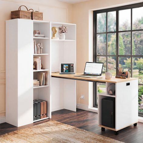 Escritorio plegable 2 en 1 con estantería, enchufe EU y USB, MDF, blanco, lado izquierdo (1/5)
