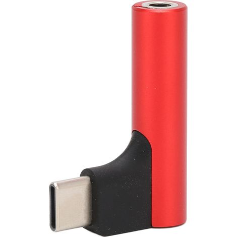 Adaptateur USB-C vers prise casque 3,5 mm avec micro stéréo HiFi et sortie auxiliaire, coudé et compatible avec les écouteurs (rouge).