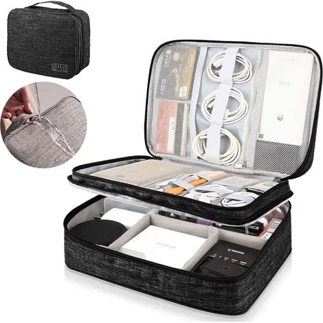 Organisateur de voyage, étui étanche pour accessoires électroniques, sac de rangement pour câbles à trois couches pour câbles, chargeurs, disques durs (noir) (1/5)
