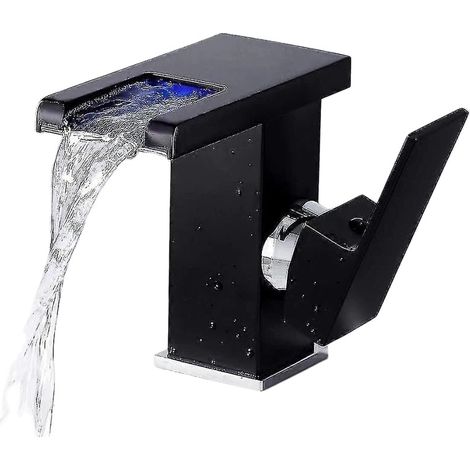Robinet de salle de bain cascade à LED avec changement de couleur selon la température, robinet de lavabo en laiton chromé noir avec levier latéral et base en cuivre (1/5)