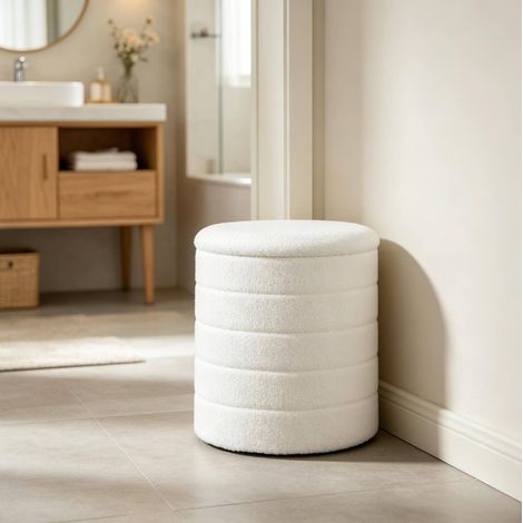 Pouf contenitore pieghevole rotondo in teddy bianco, MDF e schiuma, 40,5 x 43 cm (1/5)
