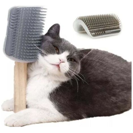 1 grauer Katzenkratzbaum, Katzenmassagebürste zur Befestigung in einer Ecke (1/5)