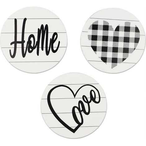 Panneau Décoratif En Bois Ronde - Motif Cœur Ou Mot Home Love - Pour Mur Chambre Cuisine Salon - Lot De 3 (1/5)