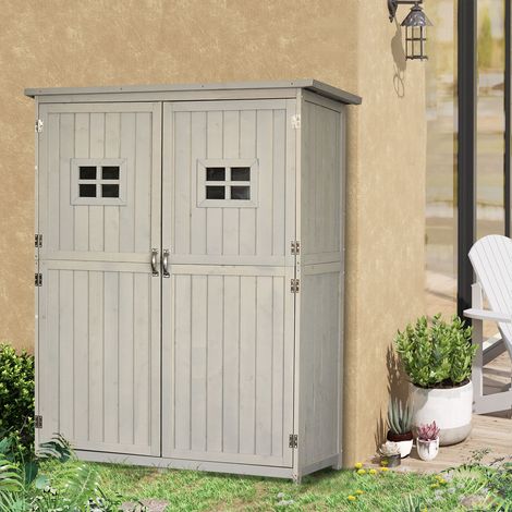 Armoire de jardin en bois sapin pré-huilé - 2 portes et fenêtres - toit bitumé étanche - 127,5x50x164 cm - gris - rangement outils
