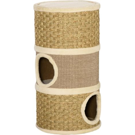 Tonel rascador para gatos de 3 niveles con sisal y felpa 37,5 x 37,5 x 70 cm marrón HOMVRA (1/5)