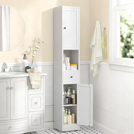 Mobile bagno stretto in metallo, 5 ripiani, 2 ante, 180 x 30 x 30 cm, bianco HAVRYA (1/5)