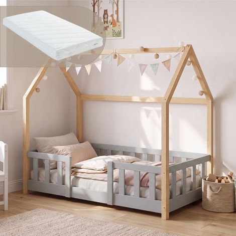 Hausbett Sisimiut im Montessori-Stil mit Matratze und Rausfallschutz 70x140 cm Hellgrau/Natur [en.casa] (1/5)