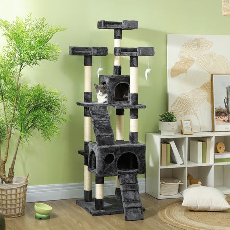 Árbol para gatos XXL gris 173 cm con 3 plataformas, 2 nichos y 2 escaleras HAVRYA (1/4)