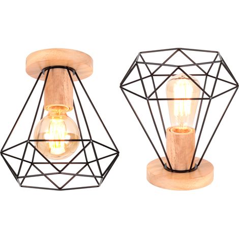 (2X) Lámparas Techo Moderna Plafones De Jaula De Madera De Metal Lampara Techo Retro Plafones De Interior Para Dormitorio Sala De Estar, Negro