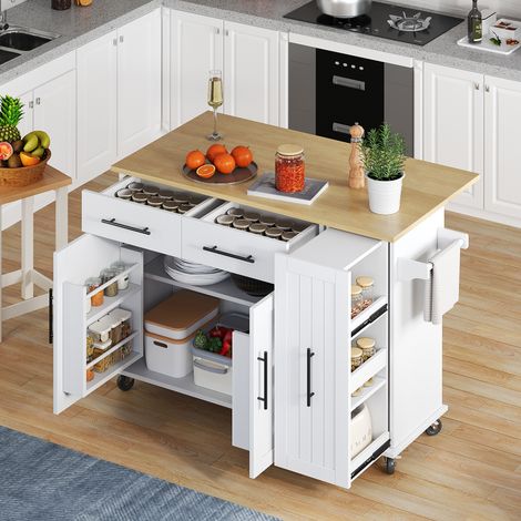 Isola da cucina 120/40(65)/90 cm bianca e naturale con piano ribaltabile e organizer estraibile a 3 livelli (1/5)
