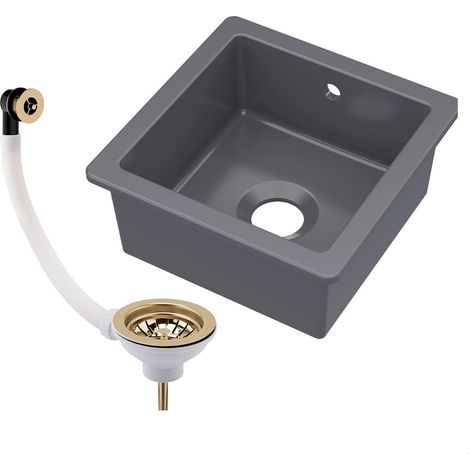 Balterley Dark Grey Fireclay Ceramic Single Bowl Square Undermount Kitchen Sink with Overflow and Brushed Brass Waste, 457mm