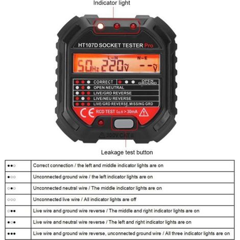 Testeur de prise - - HT107D - Affichage LCD - 7 modes d'éclairage LED - Tension maximale 250 V (1/4)