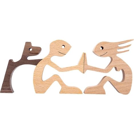 Holzfigur einer Hunde- und Katzenfamilie, handgefertigte Holzdekoration, niedlicher Welpe, Kätzchen und weitere Figuren, Sammlerstück für Zuhause, Büro oder Wohnzimmer – Natur – 1 Stück (1/5)