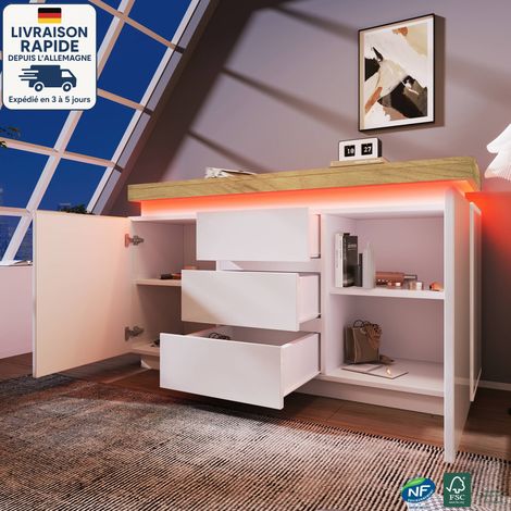 Aparador alto brillo 140x39x81 cm con 2 puertas y 3 cajones de almacenaje, LED, madera y MDF, blanco y natural (1/5)
