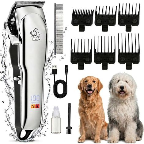 Tondeuse Chien Professionnelle Tranchant 7 000 tr/min Tondeuse de Toilettage Sans Fil Étanche IPX7 avec Écran LED Faible Bruit et Charge USB et 6 Sabots pour Poils Longs Frisés et Épais (1/5)